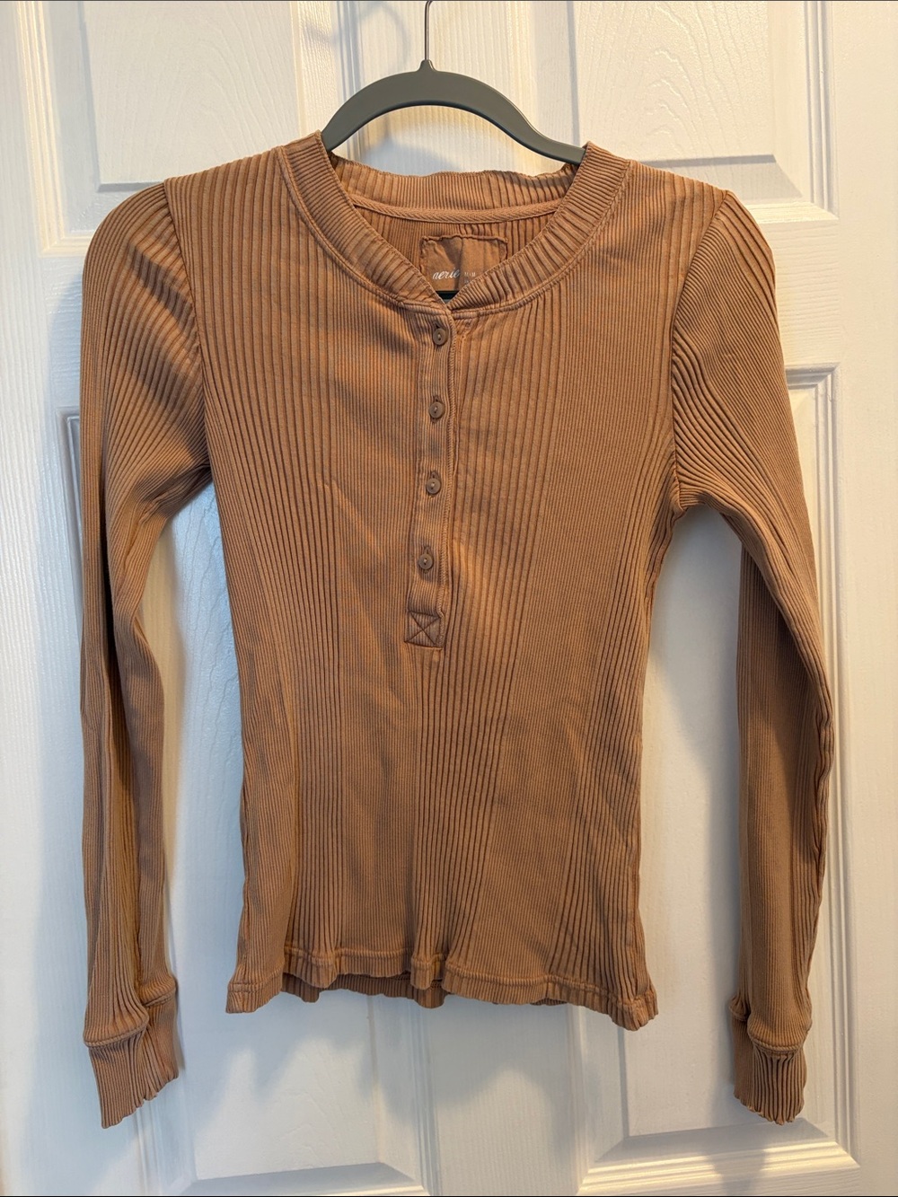 aerie Ribbed Henley Long Sleeve Top - Camel Tan
